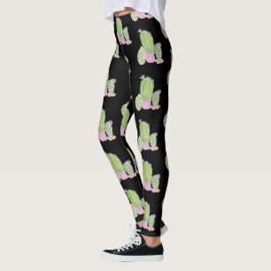 Akvarell Kaktus Krukväxt Mönster Svart Leggings