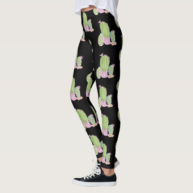 Akvarell Kaktus Krukväxt Mönster Svart Leggings (Vänster)