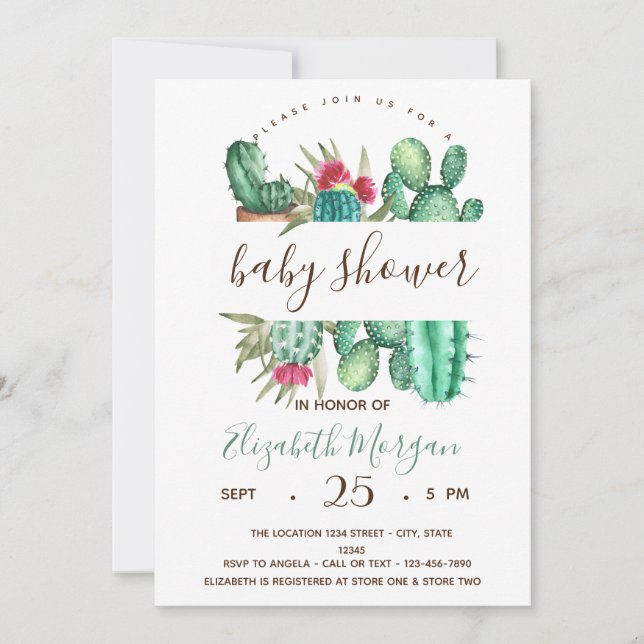 Akvarell Kaktus Prickar Baby Shower Inbjudningar (Framsida)