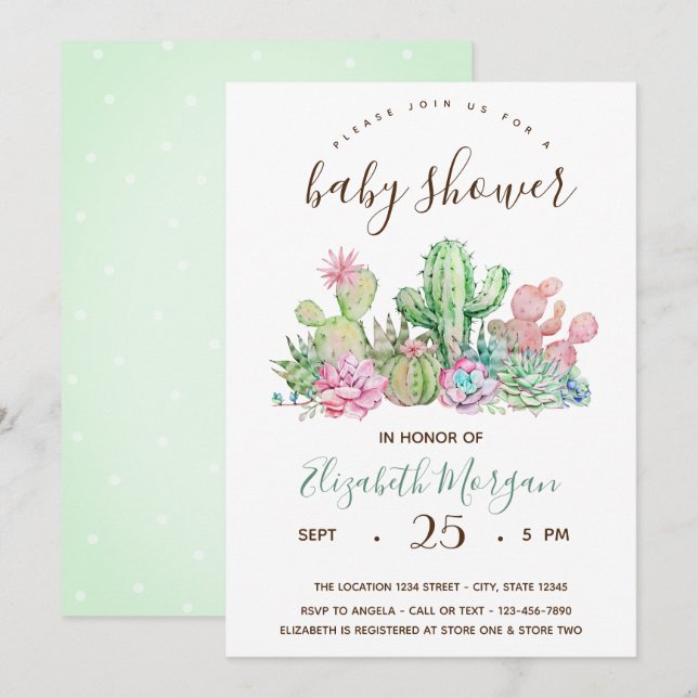 Akvarell Kaktus Prickar Baby Shower Inbjudningar (Fram/baksida)