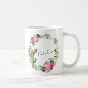 Akvarell Kaktus Rosa Blommig Krans Personlig  Kaffemugg
