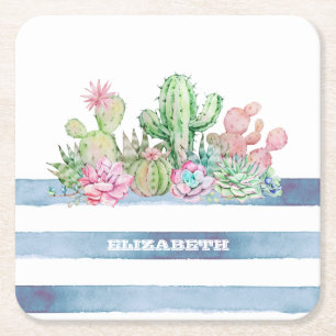 Akvarell Kaktus Sukkulent Blommor Ränder Underlägg Papper Kvadrat