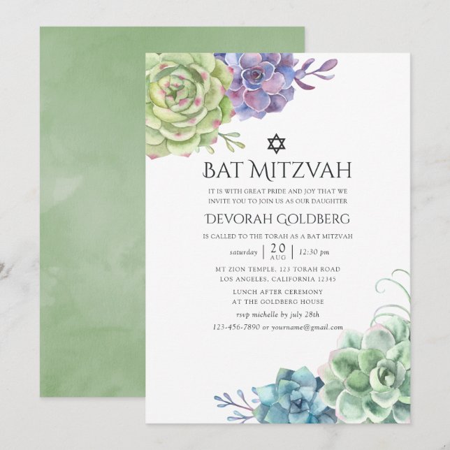 Akvarell Kaktus Sukkulenter Bat Mitzvah Inbjudningar (Fram/baksida)