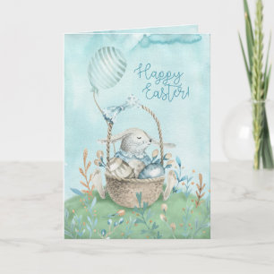 Akvarell Kanin, Ägg, Blommor och Korg Kort