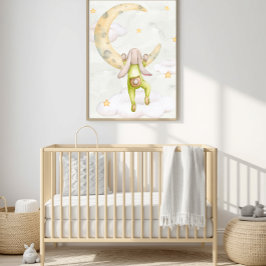 Akvarell Kanin Klättrar Månen Barnkammare Konst - Poster