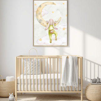 Akvarell Kanin Klättrar Månen Barnkammare Konst - Poster