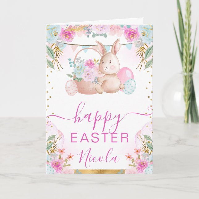 Akvarell Kanin och Blommor Glad Påsk Kort (Framsida)