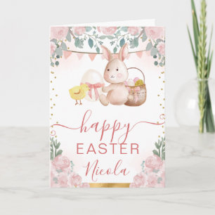 Akvarell Kanin och Blommor Glad Påsk Kort