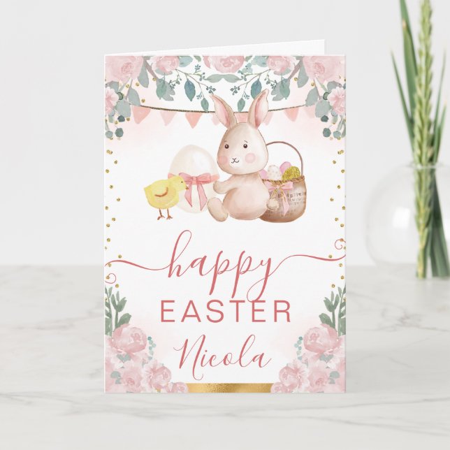 Akvarell Kanin och Blommor Glad Påsk Kort (Framsida)