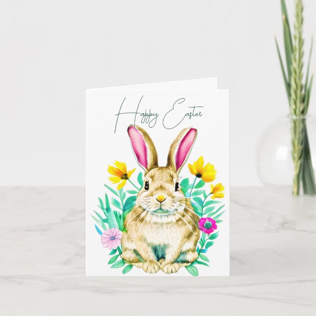 Akvarell kanin och vårblommor anpassad påsk kort (Framsida)