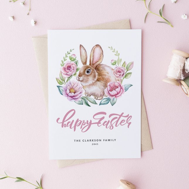 Akvarell Kanin Rosa Blommig Krans Glad Påsk Helgkort (Customizable Happy Easter card featuring a cute watercolor rabbit with pink floral wreath. )