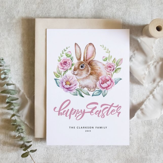 Akvarell Kanin Rosa Blommig Krans Glad Påsk Julkort (Customizable Happy Easter card featuring a cute watercolor rabbit with pink floral wreath. )