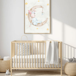 Akvarell Kanin Sover på Månen Barnkammar Konst - Poster