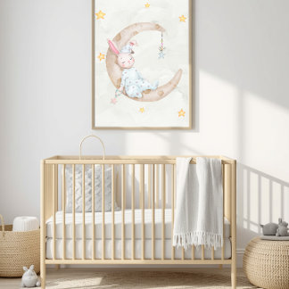 Akvarell Kanin Sover på Månen Barnkammar Konst - Poster