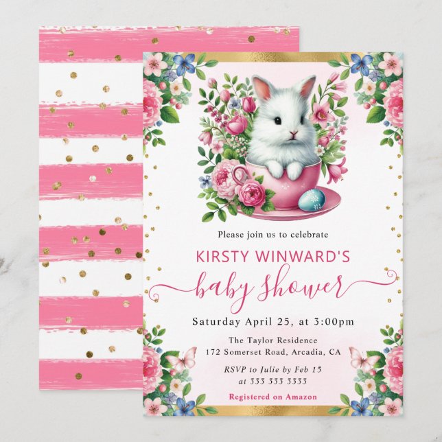Akvarell Kanin Vårblommor Baby Shower Inbjudningar (Fram/baksida)