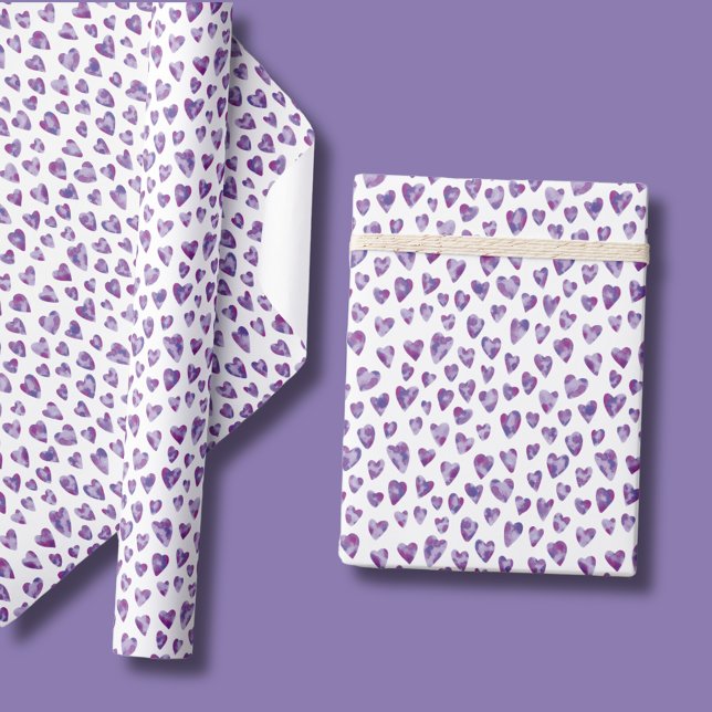 Akvarell Kärlek Hjärtan Lila mönster Presentpapper (Purple Valentines Day Wedding Love Heart Wrapping Paper rolls. Sheets also available.)