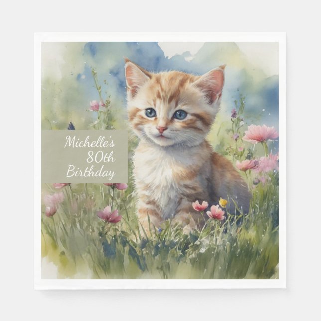 Akvarell Katt Äng Blommor 80-årsdag Pappersservett (Framsidan)