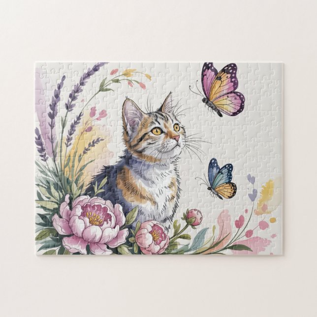 Akvarell Katt Blommig Pussel (Horisontell)