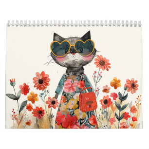 Akvarell Katt Illustrationer Whimsical Katt Kalender