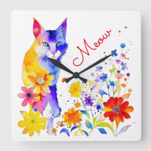 Akvarell Katt och Blommor Meow Fyrkantig Klocka