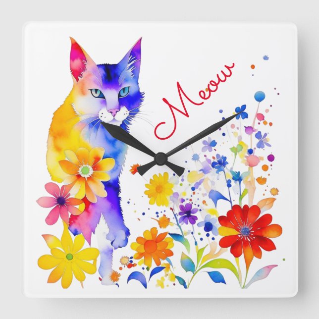 Akvarell Katt och Blommor Meow Fyrkantig Klocka (Framsida)