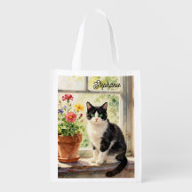 Akvarell Katt och Blommor på Fönsterbrädan  