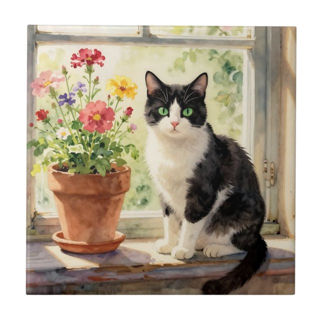Akvarell Katt och Blommor på Fönsterbrädan Kakelplatta (Framsidan)