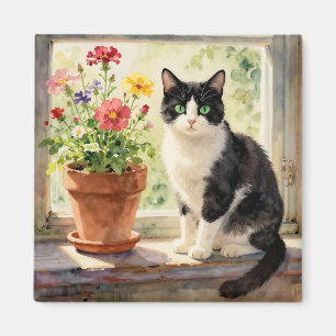 Akvarell Katt och Blommor på Fönsterbrädan Magnet