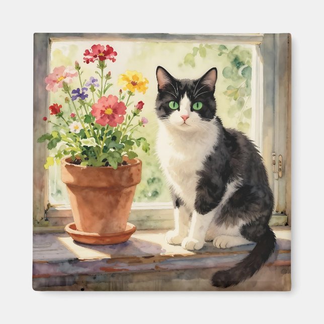 Akvarell Katt och Blommor på Fönsterbrädan Magnet (Framsidan)