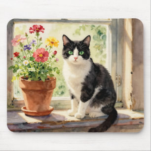 Akvarell Katt och Blommor på Fönsterbrädan Musmatta