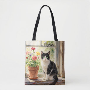 Akvarell Katt och Blommor på Fönsterbrädan Tygkasse