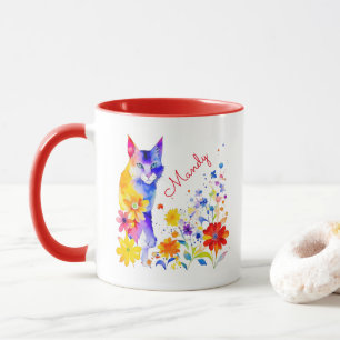 Akvarell Katt och Blommor Personlig Mugg
