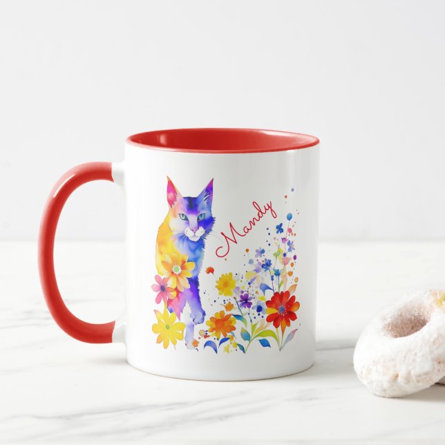 Akvarell Katt och Blommor Personlig Mugg (Med munk)