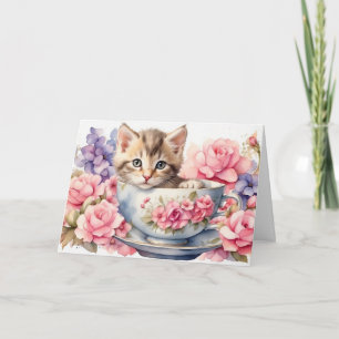 Akvarell Kattunge i tekopp med blommor Kort
