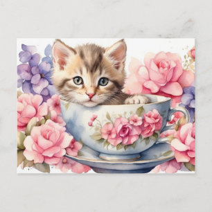 Akvarell Kattunge i tekopp med blommor Vykort