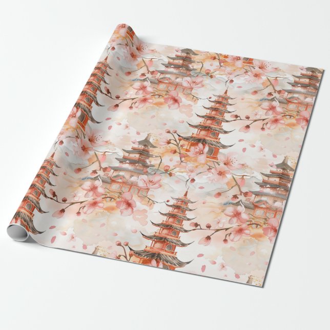 Akvarell kinesisk pagod med körsbärsblommor presentpapper (Utrullad)