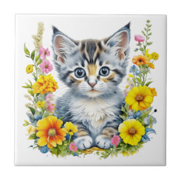 Akvarell Kittel i gula och rosa blommor Kakelplatta