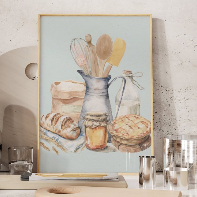 Akvarell köksredskap Bakningstillbehör Bröd Poster (In situ)