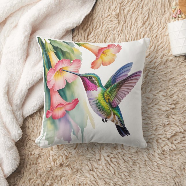 Akvarell Kolibri med Blommor Kudde (Filt)