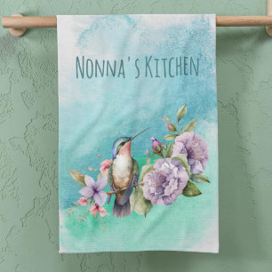 Akvarell Kolibri och Blommor Personlig Kökshandduk