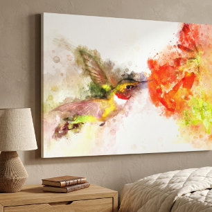 Akvarell Kolibri som äter av en livfull blomma Canvastryck