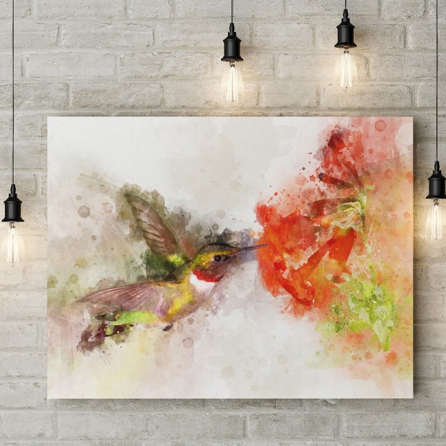 Akvarell Kolibri som äter av en livfull blomma Fototryck (Watercolor Hummingbird Feeding on Vibrant Flower. Photo Print)