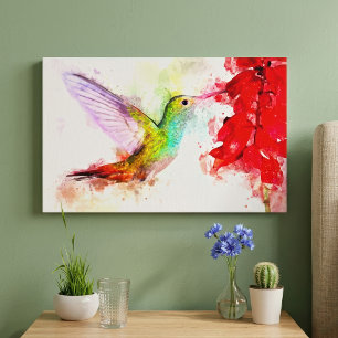 Akvarell Kolibri som äter av röd blomma Canvastryck