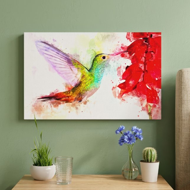 Akvarell Kolibri som äter av röd blomma Canvastryck (Watercolor Hummingbird Feeding on Red Flower. Canvas Print)