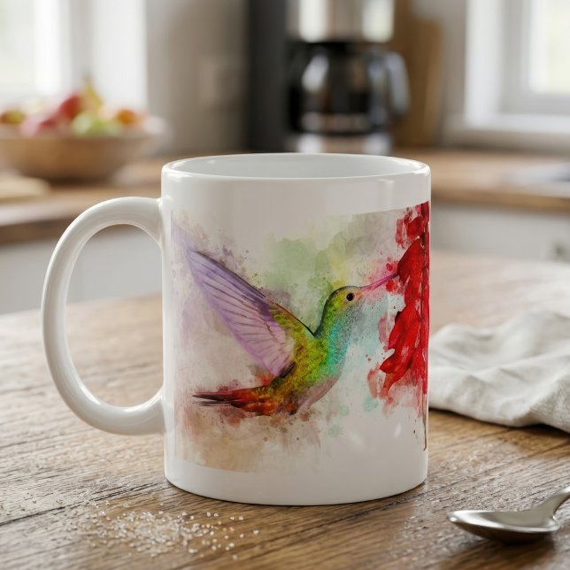 Akvarell Kolibri som äter av röd blomma Kaffemugg (Watercolor Hummingbird Feeding on Red Flower. Coffee Mug)