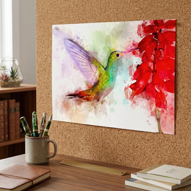 Akvarell Kolibri som äter av röd blomma Poster (Watercolor Hummingbird Feeding on Red Flower. Poster)