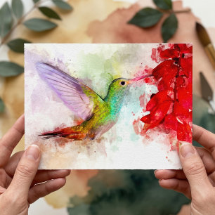 Akvarell Kolibri som äter av röd blomma Vykort