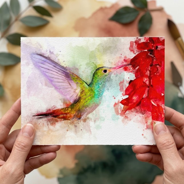Akvarell Kolibri som äter av röd blomma Vykort (Watercolor Hummingbird Feeding on Red Flower. Postcard)