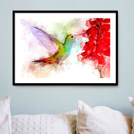 Akvarell Kolibri som äter från röd blomma Fototryck