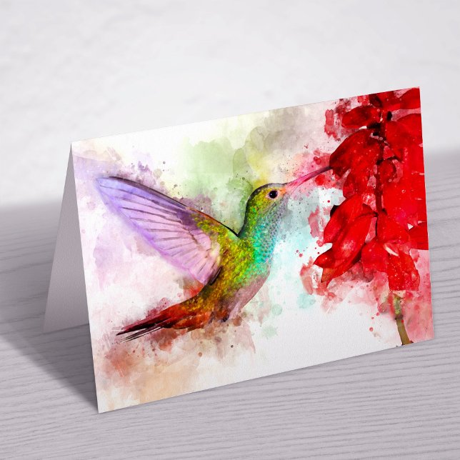 Akvarell Kolibri som äter från röd blomma Tack Kort (Watercolor Hummingbird Feeding on Red Flower. Thank You Card)